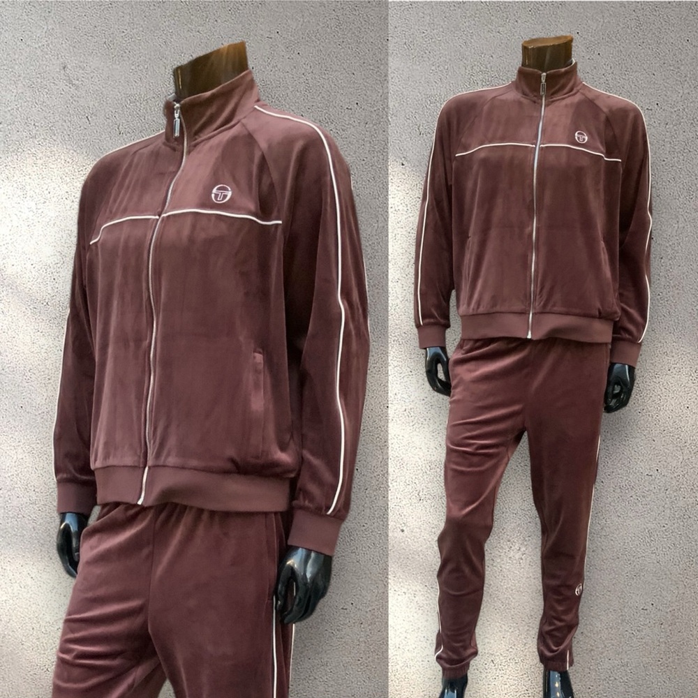 Men’s Sergio Tacchini Brown | White Pipping Velour Full Zip Tracksuit NWT - Picture 1 of 5